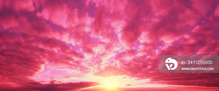 Panorama of beautiful cloudy sunset sky in Viva magenta color toning. Sky texture. Abstract nature background