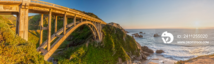 Panorama of Bixby Creek Bridge at Sunset at Highway 1 in California