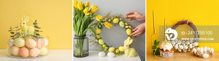 Collage of beautiful Easter wreaths and decorations in room interiors