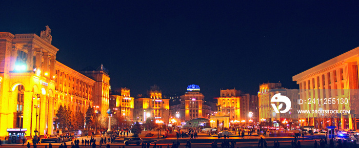 Panorama of Independence Square in Kyiv at night. Lights of night city