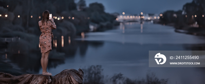 woman smartphone landscape evening view, river landscape shooting photo on the phone at night