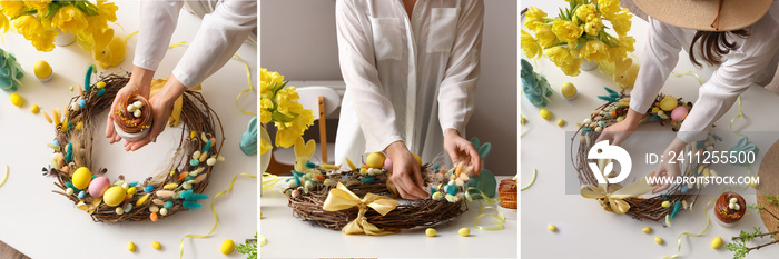 Collage of woman making beautiful Easter wreath