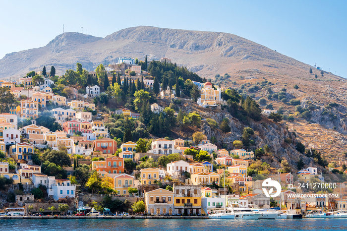 Symi Island harbour view in Greece.