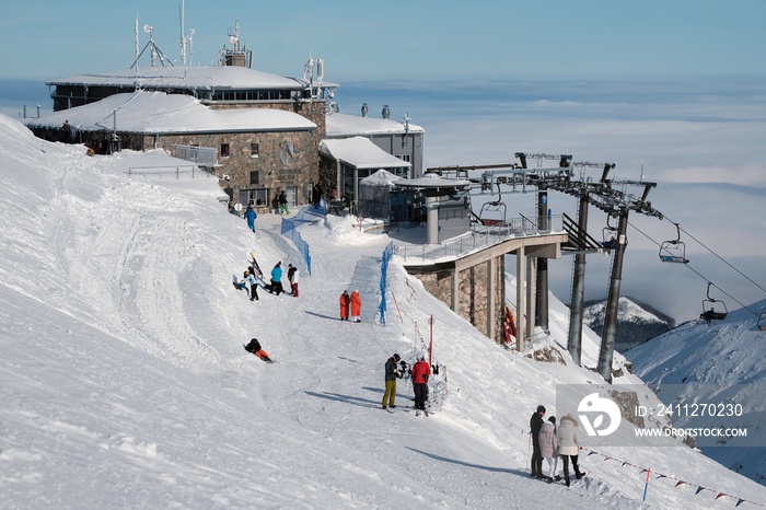 Beautiful winter scenery of Kasprowy Wierch Peak in Tatras Mountains, famous place in Tatras with cable railway. Poland. Tatra National Park