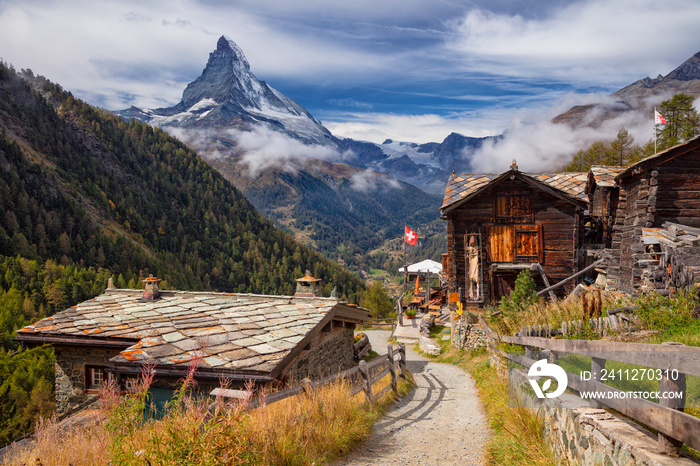 Swiss Alps. Landscape image of Swiss Alps with Matterhorn during autumn morning.