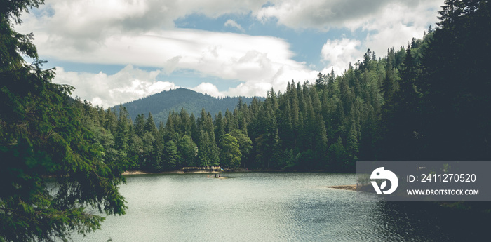 Synevir Lake under cloudy sky framed by carpathian woods