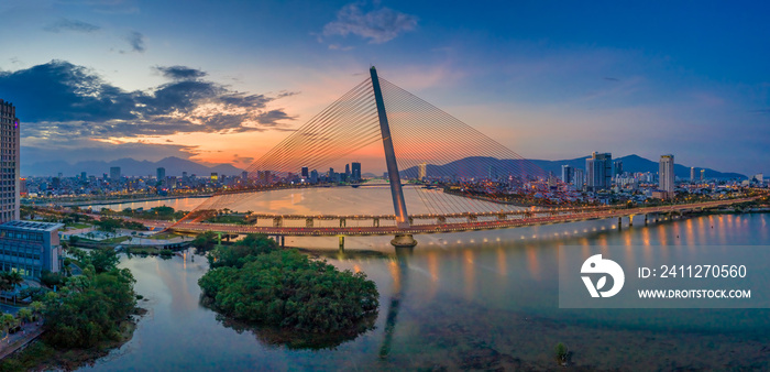 Tran Thi Ly bridge at sunset of Da Nang city, Vietnam. Near Golden bridge on Ba Na hills. Da Nang is the most livable tourist city in Vietnam