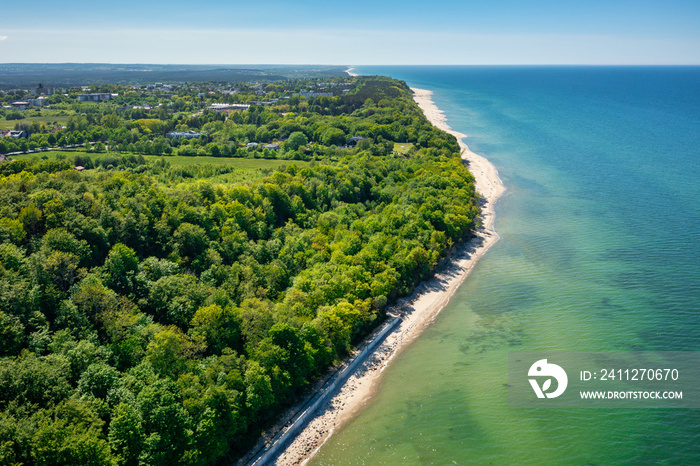 Aerial landscape of the cliff in Rozewie by the Baltic Sea at summer. Poland.