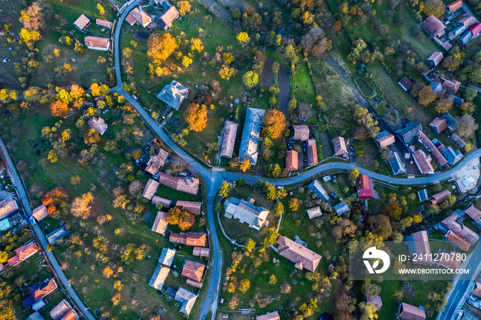 Aerial image of a village in Transylvania