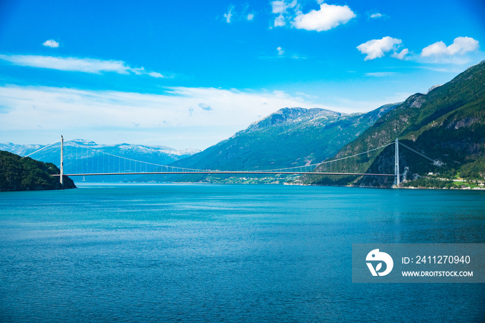 Hardanger Bridge. Hardangerbrua connecting two sides of Hardangerfjorden. Norway Hardangerfjord Hardanger bridge. newly built Hardangerbrua bridge close to Ulvik in Western Norway