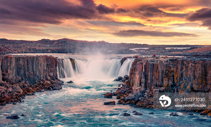 Extraordinary summer view of Selfoss Waterfall. Rocky coast of Jokulsa a Fjollum river, Jokulsargljufur National Park. Great sunrise in Iceland, Europe. Beauty of nature concept background..