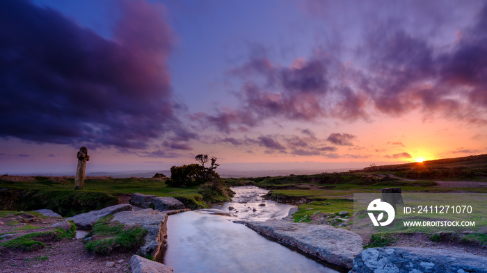 Sunset over Dartmoor at Windy Cross near Feather Tor