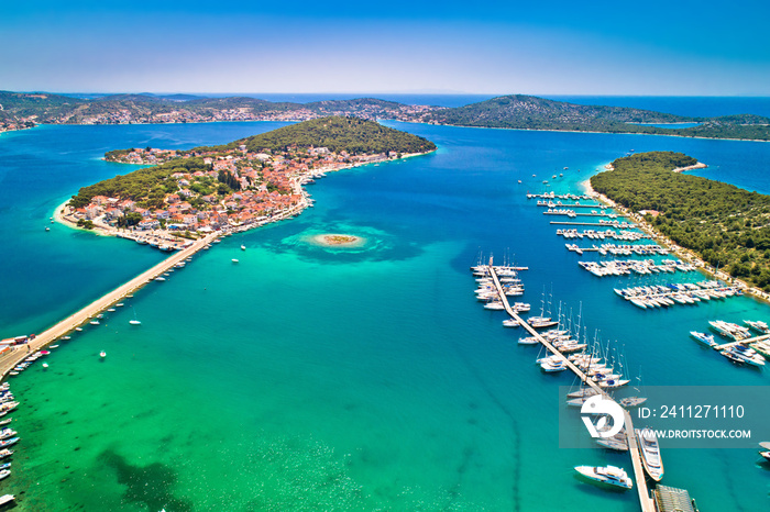 Rogoznica turquoise bay town and marina aerial view