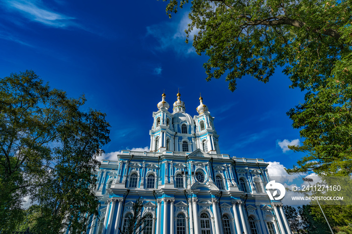 Smolny Cathedral. Cental facade panoramic view.Smolny Monastery. Architect Rastrelli.