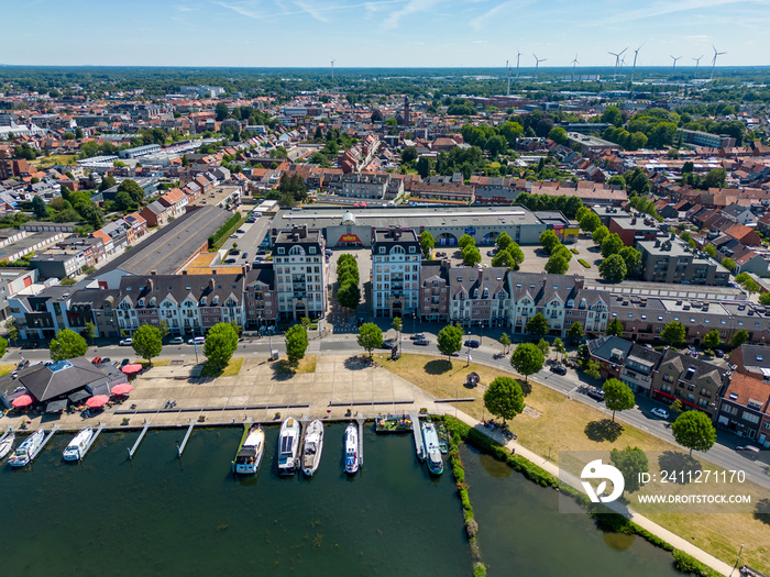 Aerial view with drone of the beautiful city Turnhout in Belgium, Europe, as seen from the harbor. High quality photo. High quality photo