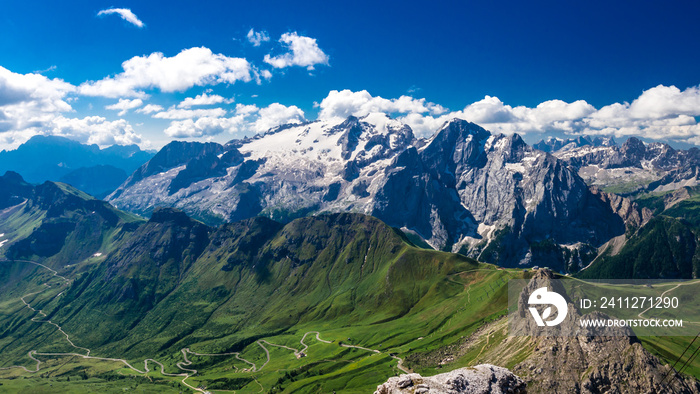 Marmolada massif, Dolomiti, Itay. Beautiful view over the Marmolada glacier and Pordoi Pass from gruppo Sella and Piz Boe peak