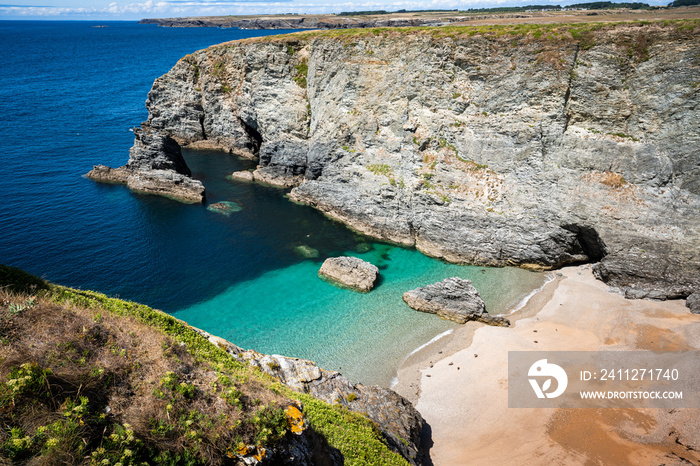 Landscape of Belle-île-en-mer, Morbihan, Brittany / Bretagne, France. Rocks and cliffs at the coast on the cote sauvage (wild coast).