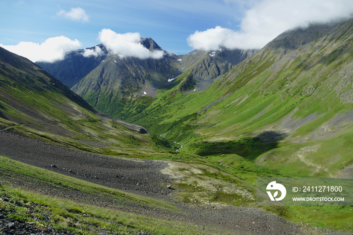 Crow Pass popular hiking Trail with glaciers, waterfalls, mine ruins, Chugach, Kenai Peninsula, Alaska, United States