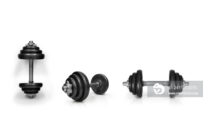Metal dumbbells. Isolated on white background. Gym, fitness and sports equipment symbol. Area for entering text