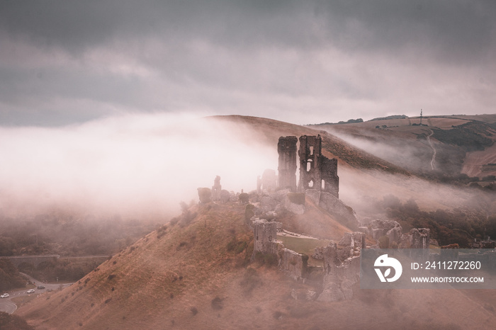 Mist surrounding corfe castle in autumn