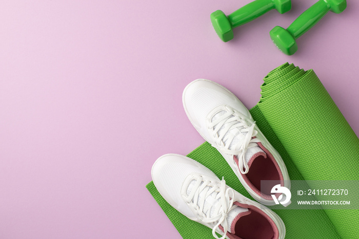 Fitness accessories concept. Top view photo of green sports mat dumbbells and white sneakers on isolated pastel lilac background