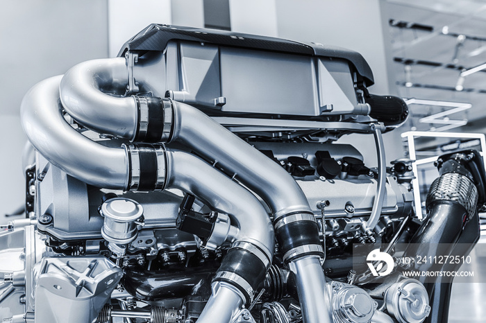 Close-up detail view of the internal combustion engine of a powerful sport car