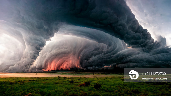 Large clouds on grasslands, thunderstorm rainstorm tornado warning weather photography