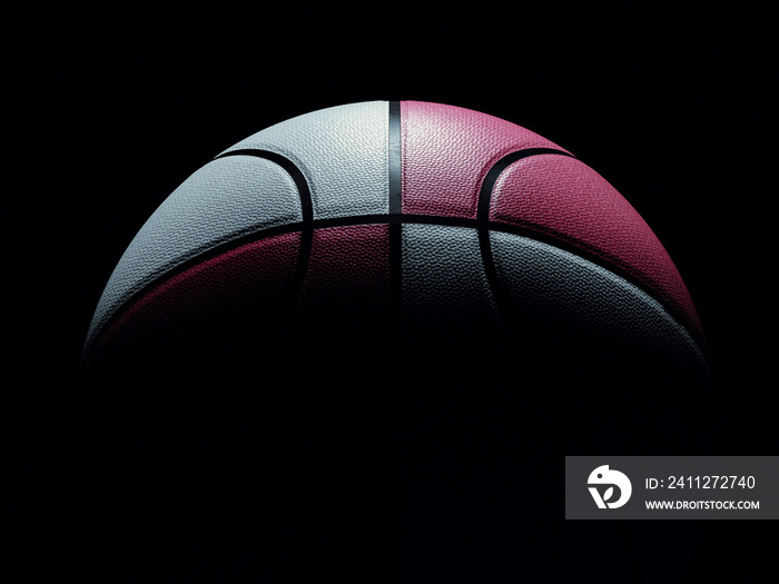 Pink and white basketball ball with dramatic lighting for women or men on black background.