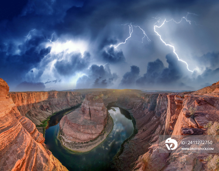 Horseshoe Bend panoramic aerial view, Arizona. Rocks and Colorado River during a storm.