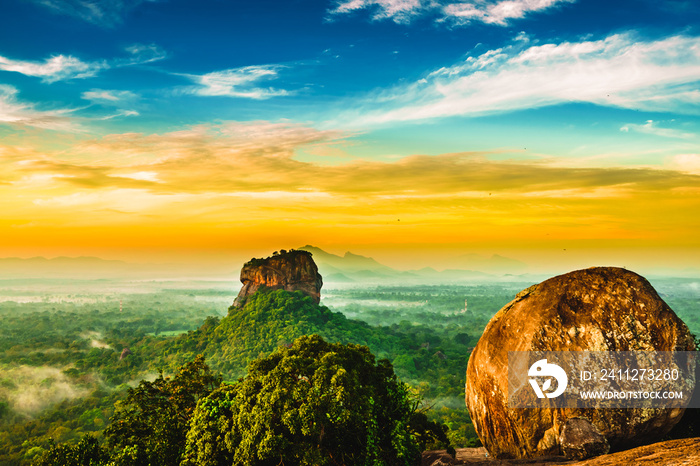 Sunrise view to Sigiriya rock from Pidurangala Rock in Sri Lanka