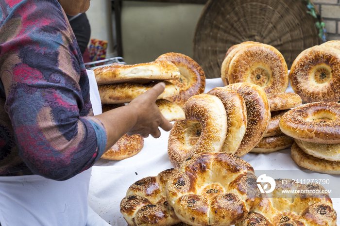 Traditional uzbekistan bread lavash at local bazaar, is a soft flat-bread of Middle Asia (Uzbekistan).