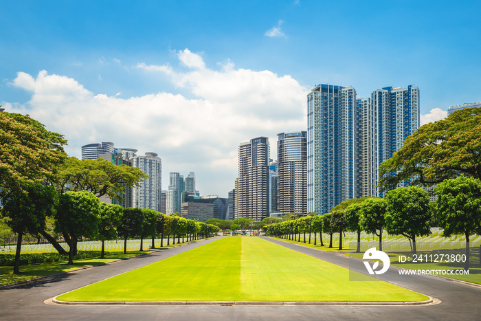 view of manila skyline from American Cemetery an Memorial in Philippines