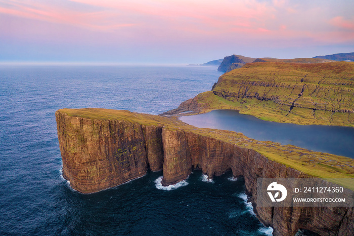 Sorvagsvatn Lake and Waterfall into the Ocean in Western Faroe Island