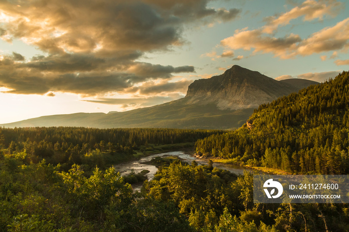 dramatic sky over Wynn Mt and Swift Current creek in Glacier National Park in Montana.