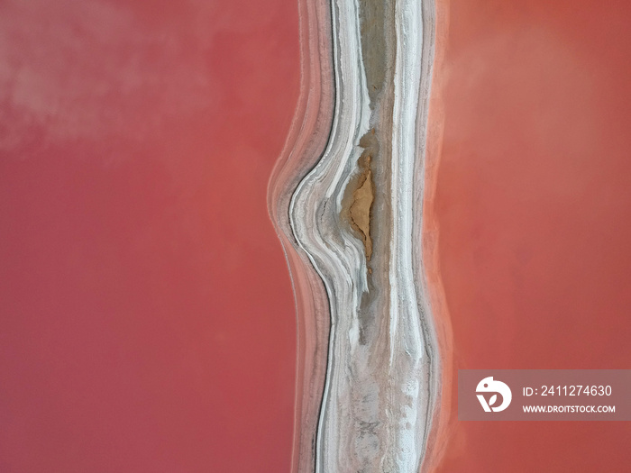 Aerial view of a pink salt lake. Azov Ukraine