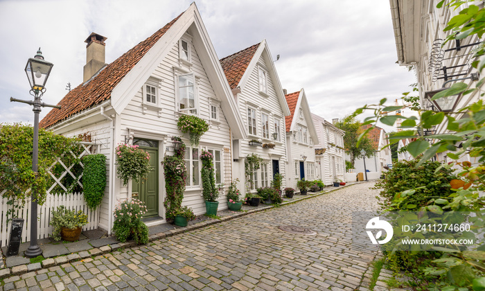 Stavanger’s historic Old Town (Gamle Stavanger) with beautiful, traditional, white wooden houses. Stavanger, Norway