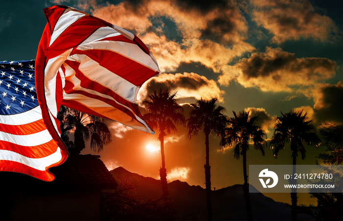 American flag at palm tree silhouette on a background of tropical sunset