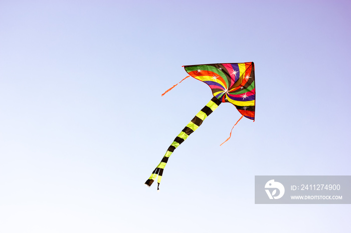 A brightly multi-colored kite flies in the wind high in the sky. Children’s entertainment, outdoor fun for kids in the summer. A concept of freedom, joy, summer vacation, holidays at a children’s camp