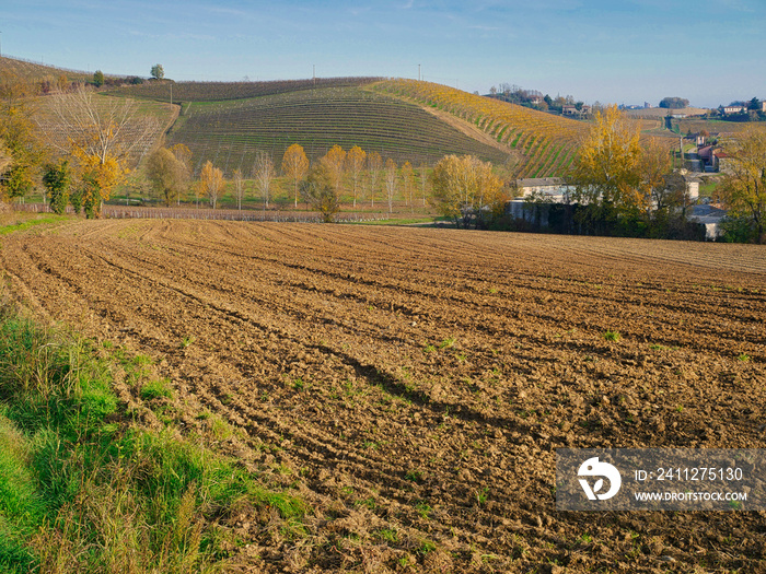 Plowed fields in late autumn. Piedmont region, Italy.