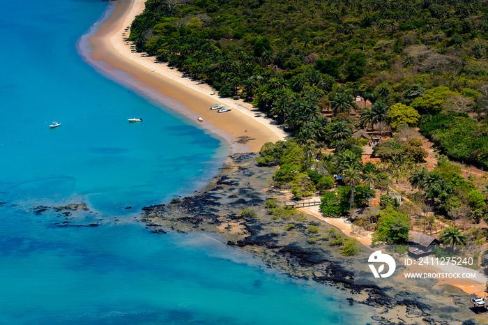 Aerial view of the beatiful blue ocean water and green trees, Bissagos Archipelago (Bijagos), Guinea Bissau.  UNESCO Biosphere Reserve