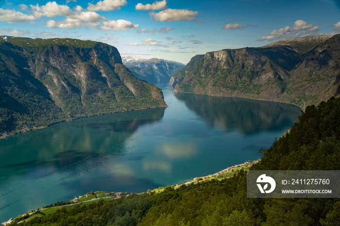 Breathtaking views of the Aurlandsfjord (a branch off the Sognefjorden) from the Stegastein viewpoint on Sogn og Fjordane County Road 243, Vestland, Norway.