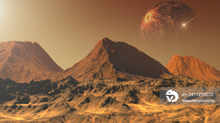 3d rendering,Alien red planet with dead star above,3d illustration