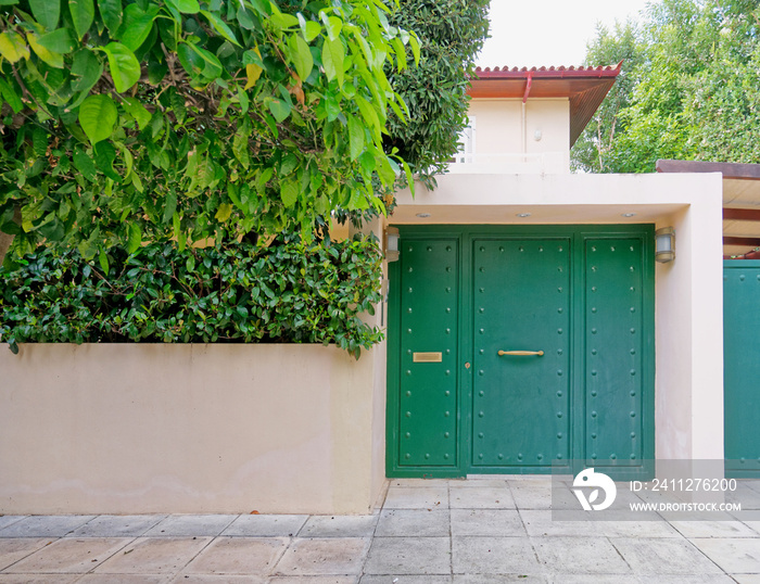 Contemporary family house entrance vibrant green door and foliage fence by the sidewalk