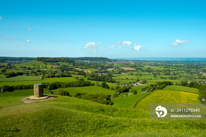 Cotswold Way long distance footpath passes the toposcope on Coaley Peak viewpoint near Nympsfield, Gloucestershire, UK