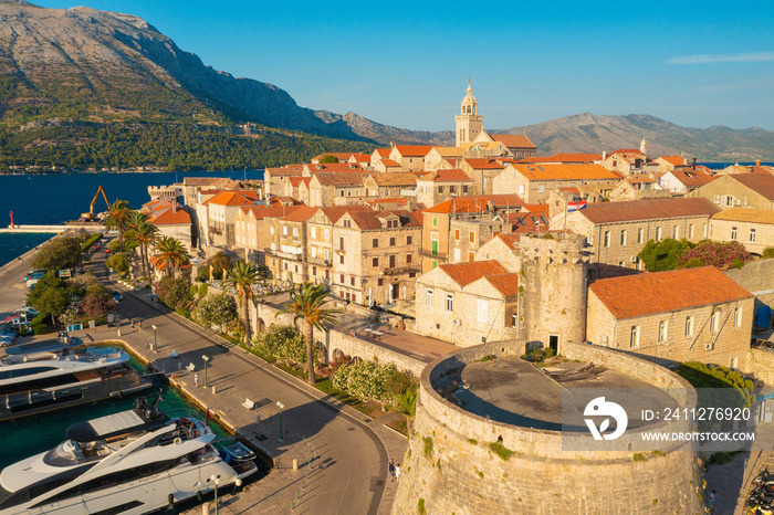 Aerial view of Korcula town on Korcula island, Adriatic Sea, Croatia