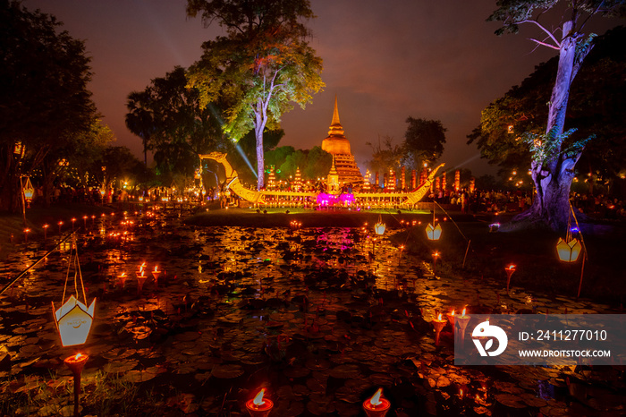 Sukhothai Loy Kratong Festival or full moon party at The Sukhothai Historical Park covers buddha temple ruins of Sukhothai, in what is now Northern Thailand