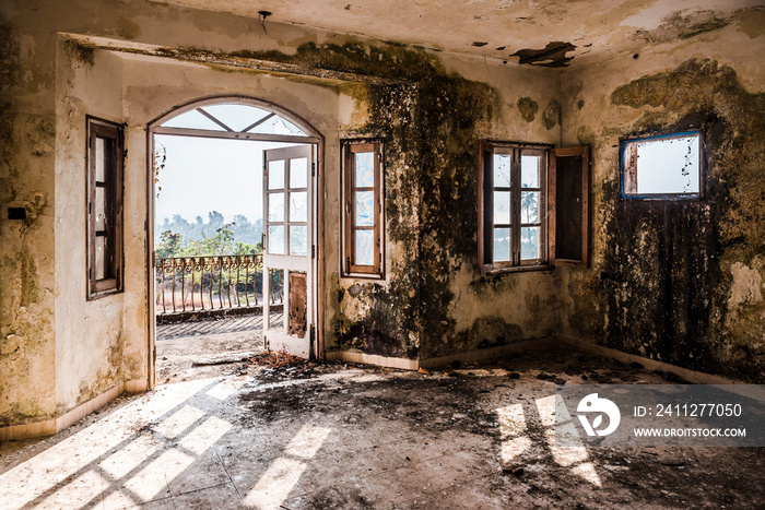 Ruins of Abandoned, derelict old buildings of a Hotel Complex at Agonda, broken, damaged and ruined, Goa, India