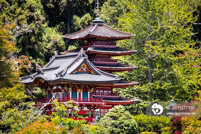 Pagodas surrounded by trees and lush vegetation, Japanese Tea Garden in Golden Gate Park, San Francisco, California