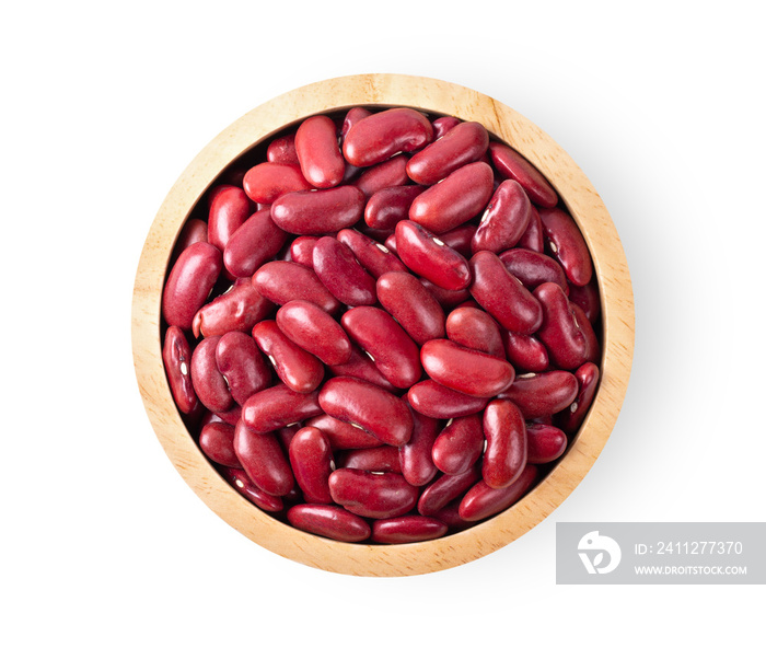 Top view of red beans in wood bowl isolated on the white background. top view