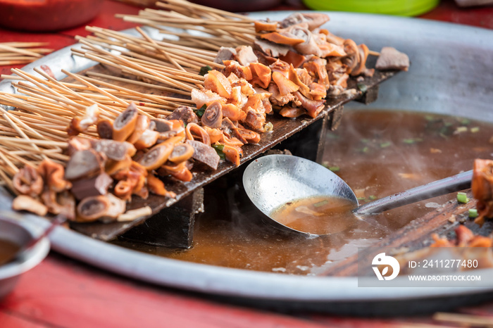 Myanmar street food, Pork offal skewers with hot soup